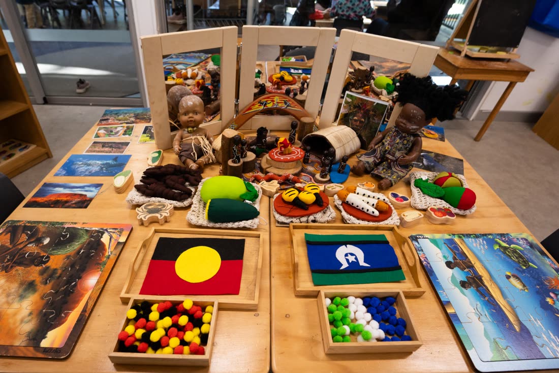 Aboriginal and Torres Strait Islander learning materials laid out on a table